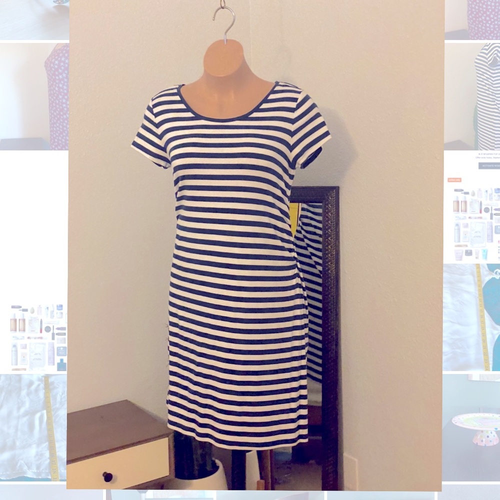 Navy Blue & white striped ruched side maternity fitted dress